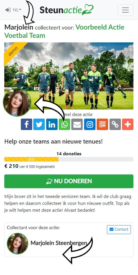 Actiepagina van een collectant