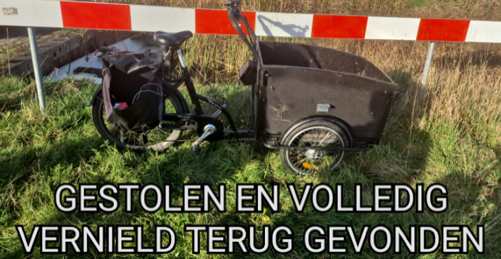 Bakfiets gestolen en totaal vernield terug gevonden.